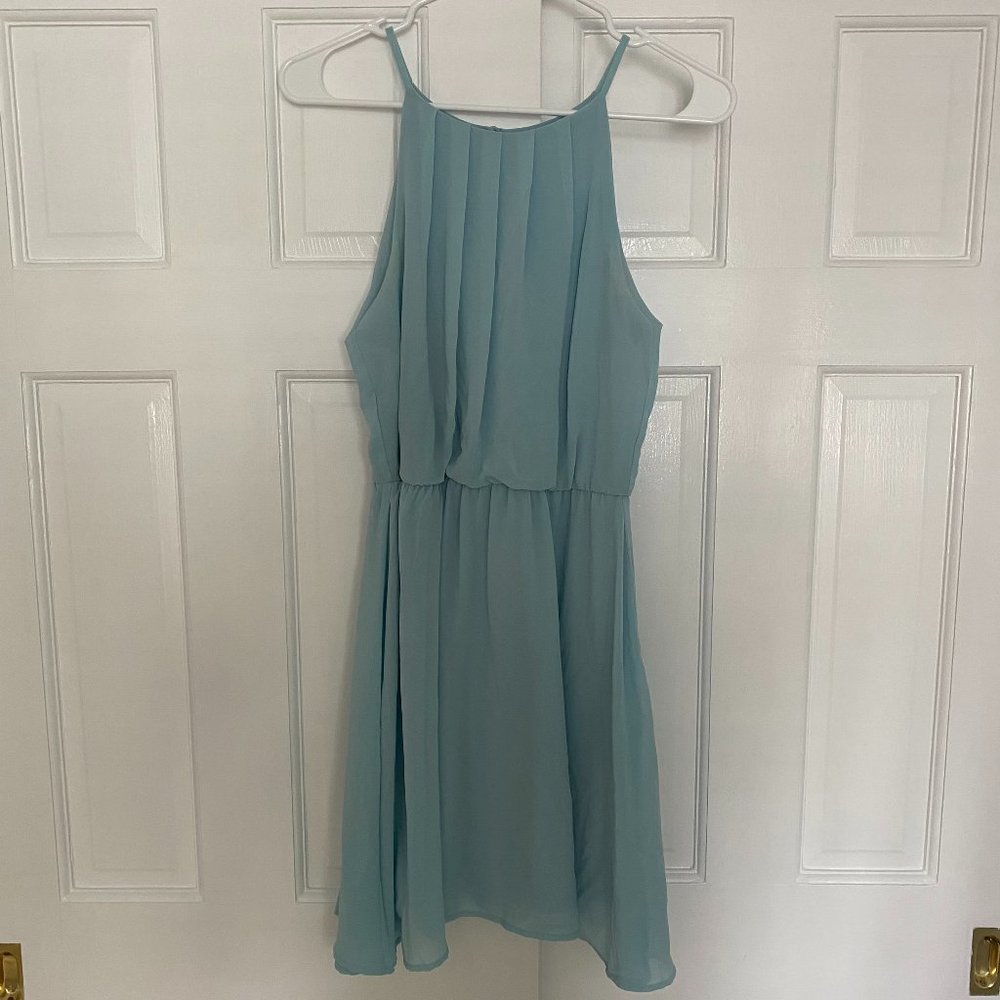NWOT Francesca's Dina Be light blue high neck chiffon mini dress